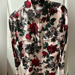 Equipment Pink Floral Silk Shirt with Red Roses and Green Leaves